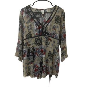 Dressbarn Multicolor Patterned V-Neck Tunic Sheer Overlay Size Large